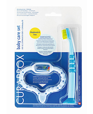 Стимулятор для прорезывания временных зубов Curababy, голубой и детская зубная щетка