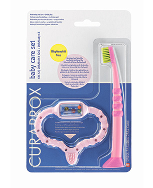 Стимулятор для прорезывания временных зубов Curababy, розовый и детская зубная щетка